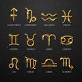 Set of astrology golden zodiac signs on dark black background. Vector illustration Royalty Free Stock Photo