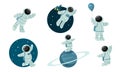 Set of astronaut discovering outer space. Vector illustration in flat cartoon style.