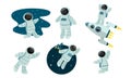 Set of astronaut discovering outer space. Vector illustration in flat cartoon style.