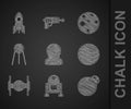 Set Astronaut helmet, Robot, Planet, Cosmic ship, Satellite, Mars and Rocket icon. Vector