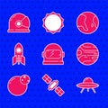 Set Astronaut helmet, Satellite, UFO flying spaceship, Planet, Rocket, Earth globe and icon. Vector