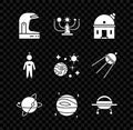 Set Astronaut helmet, Solar system, Astronomical observatory, Satellites orbiting the planet Earth, Planet Venus, UFO Royalty Free Stock Photo