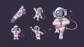 Set of astronaut in various poses in outer space. Spaceman exploration galaxy. Astronomy, intergalactic flight concept