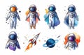 Set of astronauts or cosmonauts in spacesuit floating in weightlessness. Hand drawn spacemans for t-shirt print design