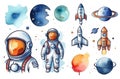 Set of astronauts or cosmonauts in spacesuit floating in weightlessness. Hand drawn spacemans for t-shirt print design