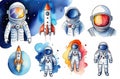 Set of astronauts or cosmonauts in spacesuit floating in weightlessness. Hand drawn spacemans for t-shirt print design