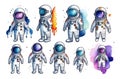 Set of astronauts or cosmonauts in spacesuit floating in weightlessness. Hand drawn spacemans for t-shirt print design