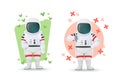 Set of astronauts making gestures of approval and disapproval. One showing thumbs up and other thumbs down sign. Like and dislike