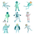 Set of astronauts of men and women dancing in zero gravity and conquering other planets. Drawing illustration.