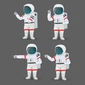 Set of astronauts pointing fingers in different directions isolated on a gray background.