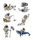 Set of Astronauts in space. Collection soaring spaceman with flag, whale and balloons. dancer musician adventure in the