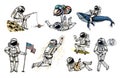 Set of Astronauts in space. Collection soaring spaceman with flag, whale and balloons. dancer musician skateboarder