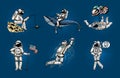 Set of Astronauts in space pop art. Collection soaring spaceman with flag, whale and balloons. dancer musician adventure
