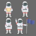Set of astronauts standing with different gestures isolated on grey background.