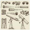 Set of astronomical instruments, telescopes oculars and binoculars, quadrant, sextant engraved in vintage hand drawn Royalty Free Stock Photo