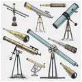 Set of astronomical instruments, telescopes oculars and binoculars, quadrant, sextant engraved in vintage hand drawn Royalty Free Stock Photo