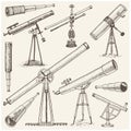 Set of astronomical instruments, telescopes oculars and binoculars, quadrant, sextant engraved in vintage hand drawn Royalty Free Stock Photo