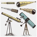 Set of astronomical instruments, telescopes oculars and binoculars, quadrant, sextant engraved in vintage hand drawn Royalty Free Stock Photo