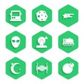 Set Astronomical observatory, Cosmic ship, Planet, Mars rover, Moon and stars, Alien, Falling and Astronaut helmet icon