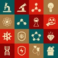 Set Astronomical observatory, Diamond, Radioactive, Molecule, Atom, Microscope and Test tube and flask icon. Vector