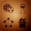 Set Astronomical observatory, Planet earth and radiation, Molecule and Test tube and flask on wooden background. Vector