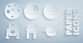 Set Astronomical observatory, Planet Venus, Robot, Saturn, Death star and Mars icon. Vector