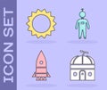 Set Astronomical observatory, Sun, Rocket ship and Astronaut icon. Vector