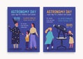 Set of astronomy day promo poster vector flat illustration. Adult and children visited planetarium talk with