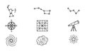 Set of astronomy and navigation icons, including constellations, compass, telescope, and galaxy Royalty Free Stock Photo