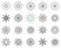 Set of asymmetric Guilloche Rosette stamp element design vector templates.