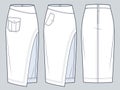 Set of asymmetric Skirts technical fashion illustration. Midi Skirts fashion flat technical drawing template
