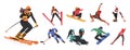 Set Of Athlete Characters In Winter Sports Activities Like Skiing, Snowboarding, Ice Skating, And Hockey, Bobsleigh