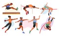 Set Of Athletes Male And Female Characters. Relay Racers, Long, Pole And High Jumper, Discus Thrower Vector Illustration