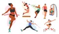 Set of Athletes Male and Female Characters. Runner, Long and Pole Jump, Put Shot, Obstacle Race and Javelin Throwing Royalty Free Stock Photo