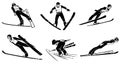 Set of athletes skiers in flight. Ski jumping. Hand drawn.