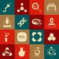 Set Atom, Chemical formula, Alcohol spirit burner, Microorganisms under magnifier, DNA symbol, Microscope, Pipette and Royalty Free Stock Photo