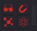 Set Atom, Laboratory glasses, Magnet and Molecule icon. Vector