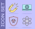 Set Atom, Magnet, Biohazard symbol on shield and Bacteria on laptop icon. Vector