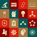 Set Atom, Molecule, Chemical formula, Astronomical observatory, Test tube and flask, Telescope and Light bulb with Royalty Free Stock Photo