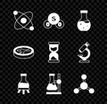Set Atom, Sulfur dioxide SO2, Test tube, flask on stand, Molecule, Petri dish with bacteria and Old hourglass icon