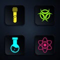 Set Atom, Test tube and flask chemical, Test tube and flask chemical and Biohazard symbol. Black square button. Vector