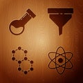 Set Atom, Test tube and flask chemical, Molecule and Funnel or filter on wooden background. Vector