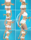 Set of attractive slim young woman in underwear measuring her body on color background Royalty Free Stock Photo