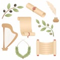 A set of attributes of ancient Rome: several scrolls, harp, olive branch, laurel wreath, feather for writing