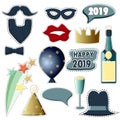 A set of attributes for photo shoots at the New Year`s party 2019. New Year Photo Booth Props New Years Eve 2019. Vector Royalty Free Stock Photo