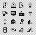 Set Auction hammer, Price tag with Sale, Hand holding auction paddle, Online, Bid, ancient vase, and sold icon. Vector Royalty Free Stock Photo