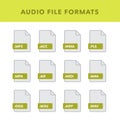 Set of audio File Formats and Labels in flat icons style. Vector illustration