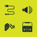 Set Audio jack, Home stereo with speakers, Ear listen sound signal and Speaker volume icon. Vector Royalty Free Stock Photo