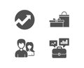 Audit, Couple and Gifts icons. Business portfolio sign. Arrow graph, Male and female, Birthday boxes.