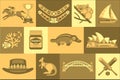 Flat vector set of Australian travel icons. Boomerang, koalas, vegemite, bridge, kangaroo, fishes, opera house, hat